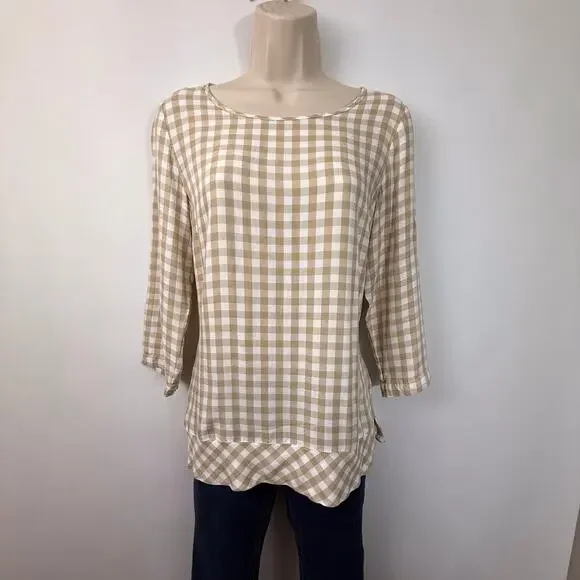 J.Jill tan and white gingham plaid long sleeve popover top - Picture 8 of 16